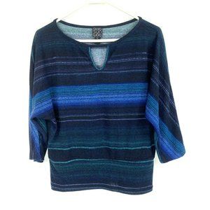 Clara Sun Woo Top Size XS Dolman Short Sleeve Blue Striped Shirt Keyhole Stretch